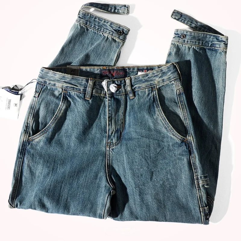 2021 New Men 's Jeans American Retro Fashion and Trendy Style Tapered Straight Washed Trousers