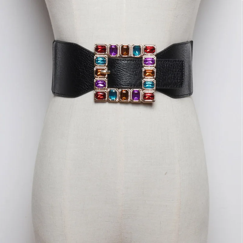 Fashion Colorful Rhinestone Square Buckle Belts for women Punk Leather Elastic Wide off belt for Dress Waistband Accessories