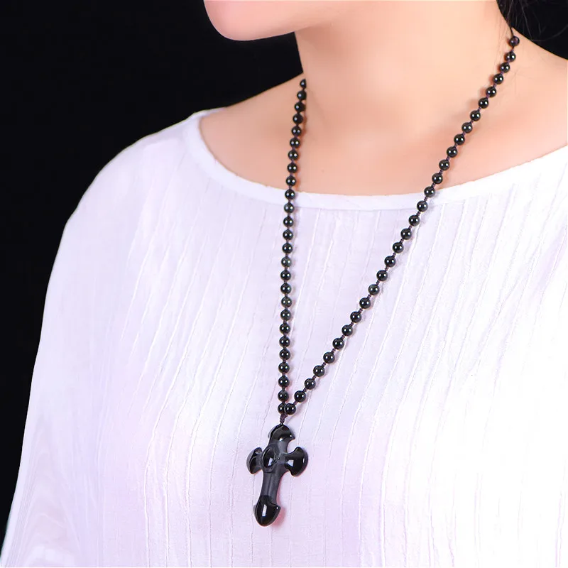 Натуральный черный обсидиан крест кулон бусы ожерелье модное очарование