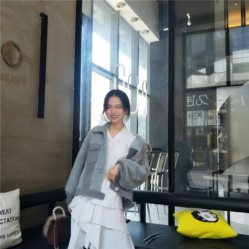 

Autumn New Womens Faux Sheep Shearing Warm Outerwear Coats Design Casual Single Breasted Lapel Patchwork Female Loose Jackets