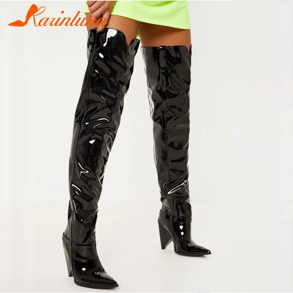 

Big Size 35-43 Brand Ladies High Heels Thigh High Boots Patent Pu Leather Boots Women Party Sexy Pointed Toe Shoes Woman
