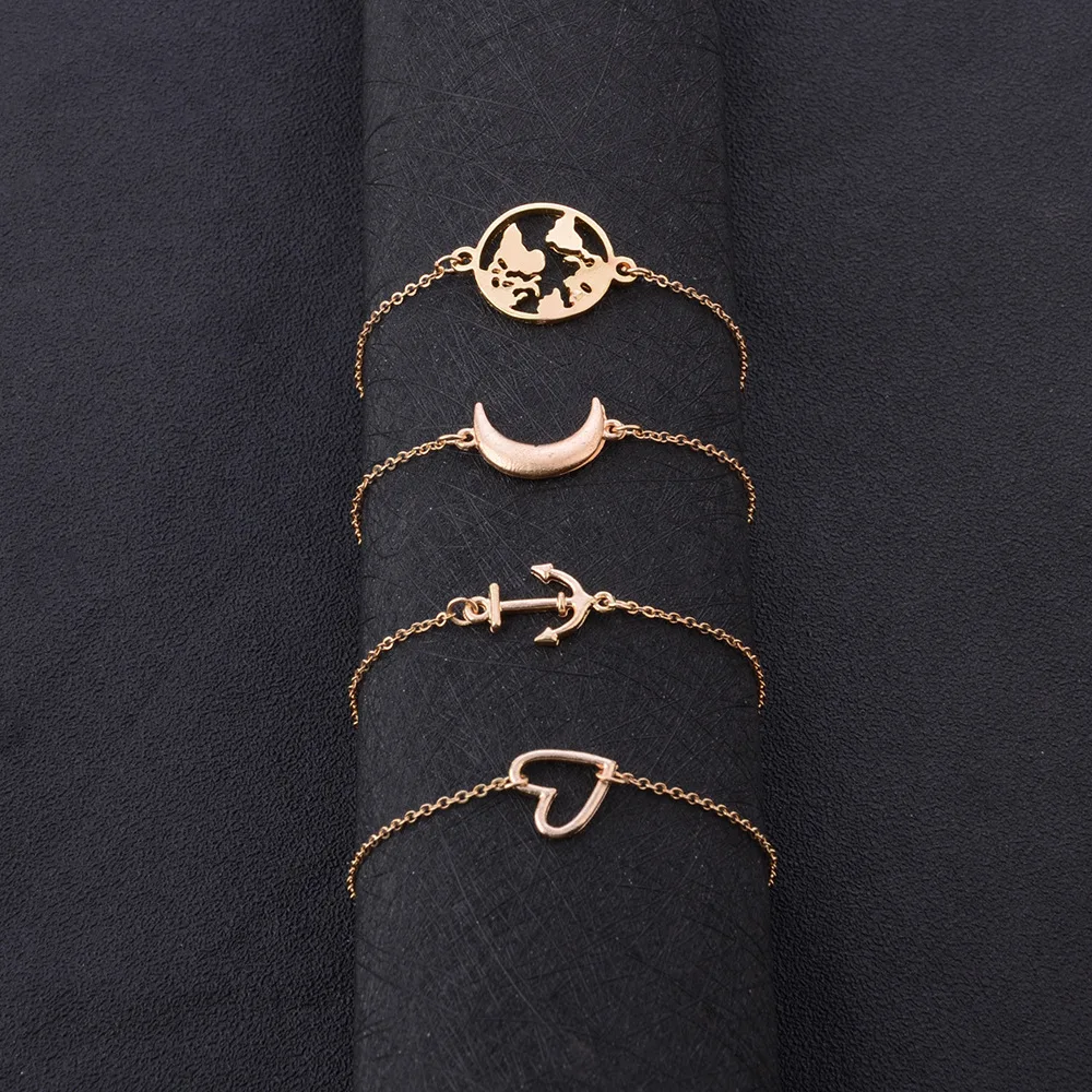 

New World Map Crescent Anchor Hollow Love Bracelet Four-piece Blessing Jewelry