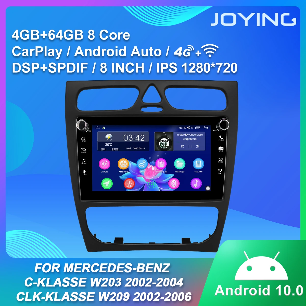 

Автомобильное радио JOYING, 8 дюймов, Android 10, 1280*720, с GPS, Carplay, для Mercedes-Benz C-Klasse W203 2002-2004 CLK-Klasse W209 2002-2006