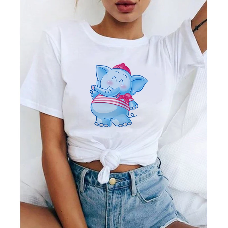 

Women Vintage Style Fashion Cartoon Little elephant Print Funny Summer T-shirt Women Princess Short T-Shirt.