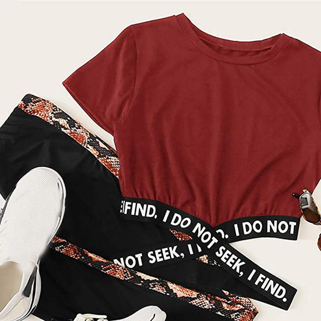 Fashion Womens Lady Soild Letter T-Shirt Harajuku Kawaii Cross Bandage Sexy Tops Casual Summer Korean Style Top Tees Female | Женская