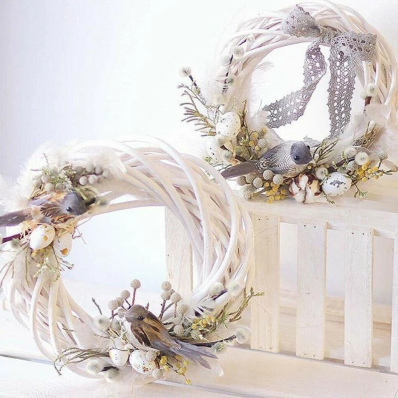 

White Garland Wicker Round Design Christmas Tree Rattan Wreath Ornament Vine Ring Decoration Home Party Hanging Flower Craft