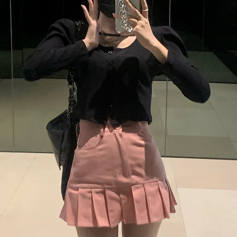 

Two-piece Set Careful Machine Square Collar Puff Sleeve Women Top Short High Waist Thin Pleated Jupe Skirt Suits Ensembles Femme
