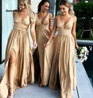 Женское платье с разрезом сбоку, Длинное Элегантное платье цвета шампанского с V-образным вырезом для свадебной вечеринки, платье для подружки невесты