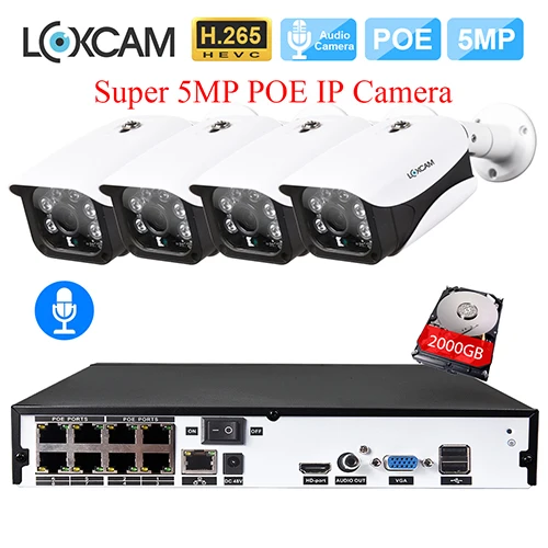 8CH NVR x 4 Cameras LOXCAM H.265+ 8CH система видеонаблюдения 5MP POE NVR комплект 5MP аудио запись открытый водонепроницаемый IP66 безопасности IP камера видеонаблюдения комплект - Цвет: 8CH NVR x 4 Cameras