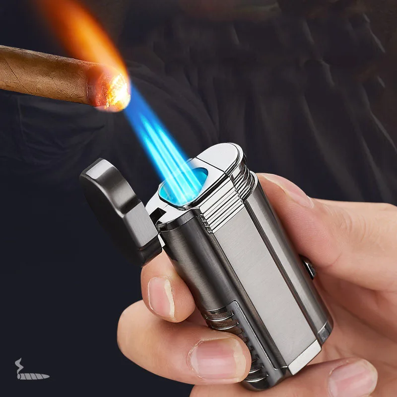 

Three Flame Lighter Metal Inflatable Butane Lighters High Power Welding Torch With Cigar Cutter Men's Must