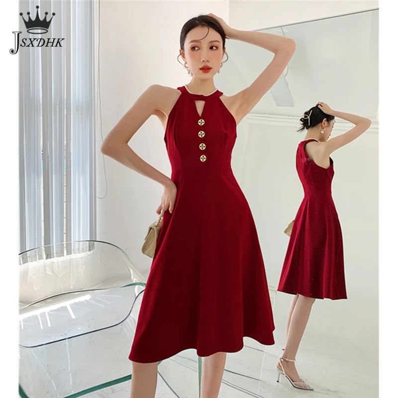 

2021 Summer New High-End Noble And Elegant Dress Robe Sexy Halter Retro Evening Dress Toast Dress Casual Red Sleeveless Vestidos