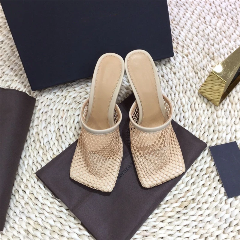 

Ollymurs Fashion Square Toe Slippers Mules Shoes Mesh Genuine Leather Soft Sole High Heels Shoes Sexy Women Luxury Brand