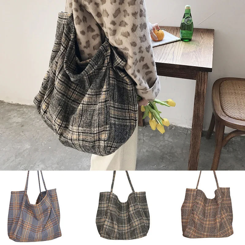 

Women Woolen Canvas Bags Scottish Pattern Vintage Plaid Female Large Capacity Big Tote Handbag Ladies Casual Shoulder Bag #25