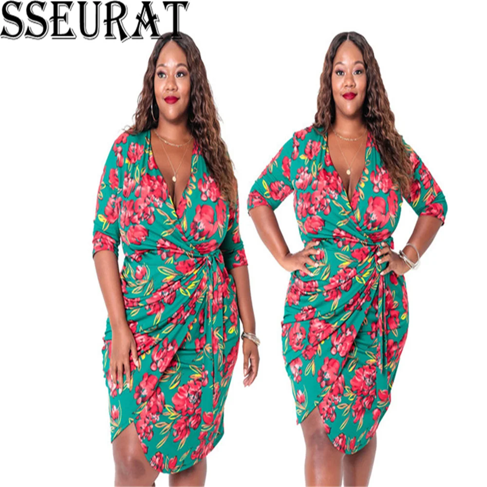 

SSEURAT Plus Size Vintage Women Print V-neck Dress Summer Sexy Irregular Club Mini Dresses