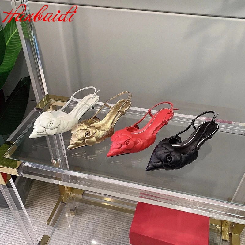 

Summer Shoes Woman Fashion Genuine Leather Woman Sandals Flower Decora Woman Sandals Pointed Toes Kitten Heels Sandals Shoes
