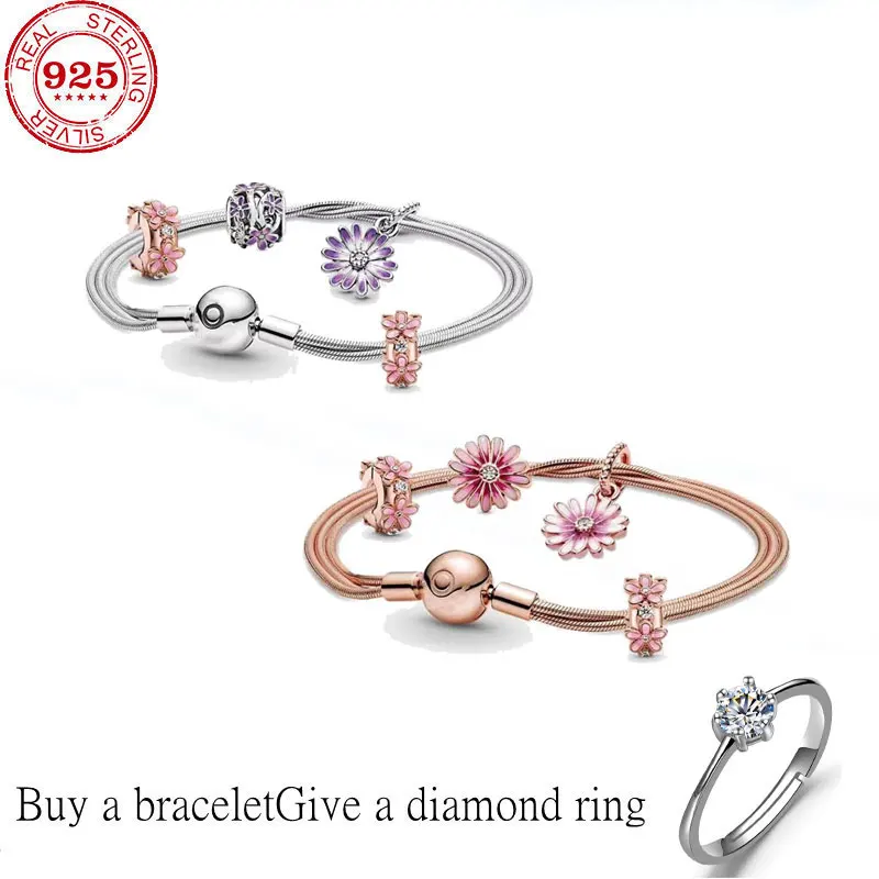 

100% 925 sterling silver fit original classic Snake chain pando bracelet & Sparkling rose gold Snowflake Pavé beads for women