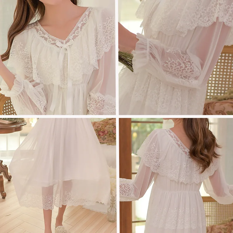 2021 Spring and Autumn Palace Style Nightdres Women's Long Sleeve Sweet White Modal Nightdress Retro French Home Wear Sleep Tops