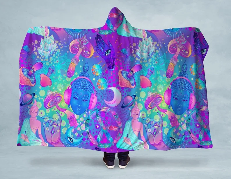 

Neon Psychedelic Meditation Hooded Sherpa Blanket - Hoodie Blanket Made in the USA