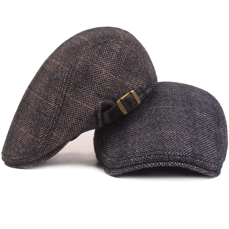 HT2791 Autumn Winter Hat Men Cap Vintage Plaid Ivy Newsboy Flat Cap High Quality Adjustable Beret Cap Thick Warm Dad Hat Berets