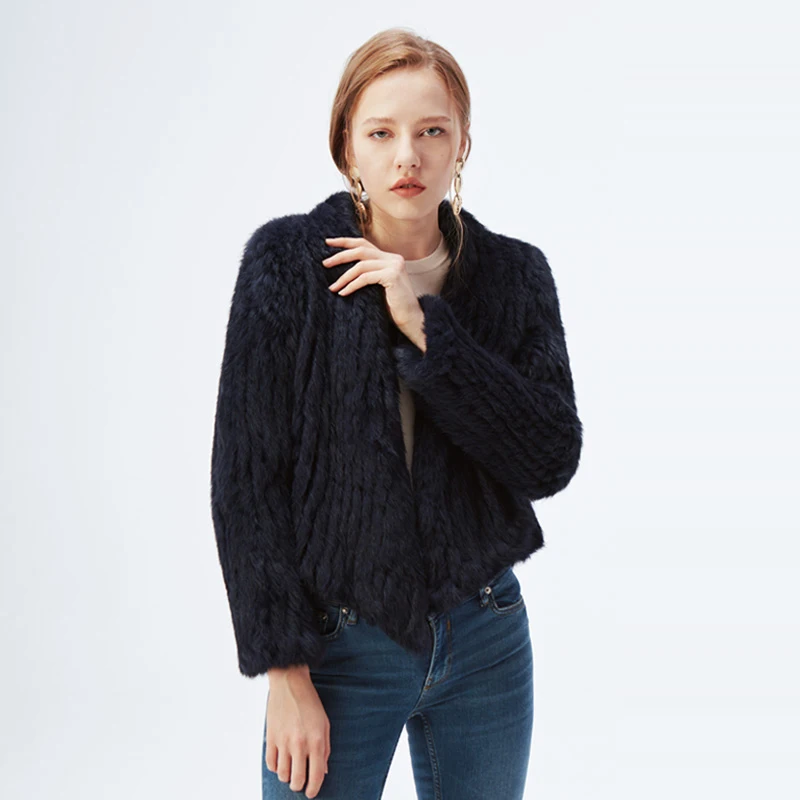 6 Navy Blue Новинка, женское вязаное пальто с натуральным кроличьим мехом, винтажная Меховая куртка, необычный воротник, очень рекомендуемый Кардиган с длинным рукавом - Цвет: 6 Navy Blue