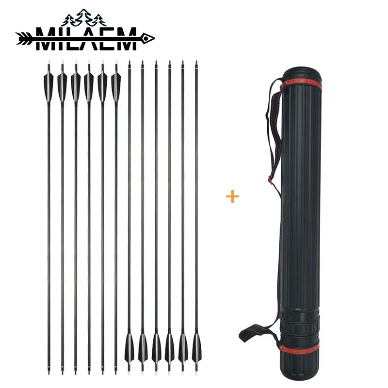 

12 PCS Archery Carbon Arrow with Arrow Quiver 500 Spine Mixed Carbon Arrow 4" Sheild Real Feather 62-103CM Adjustable Quiver