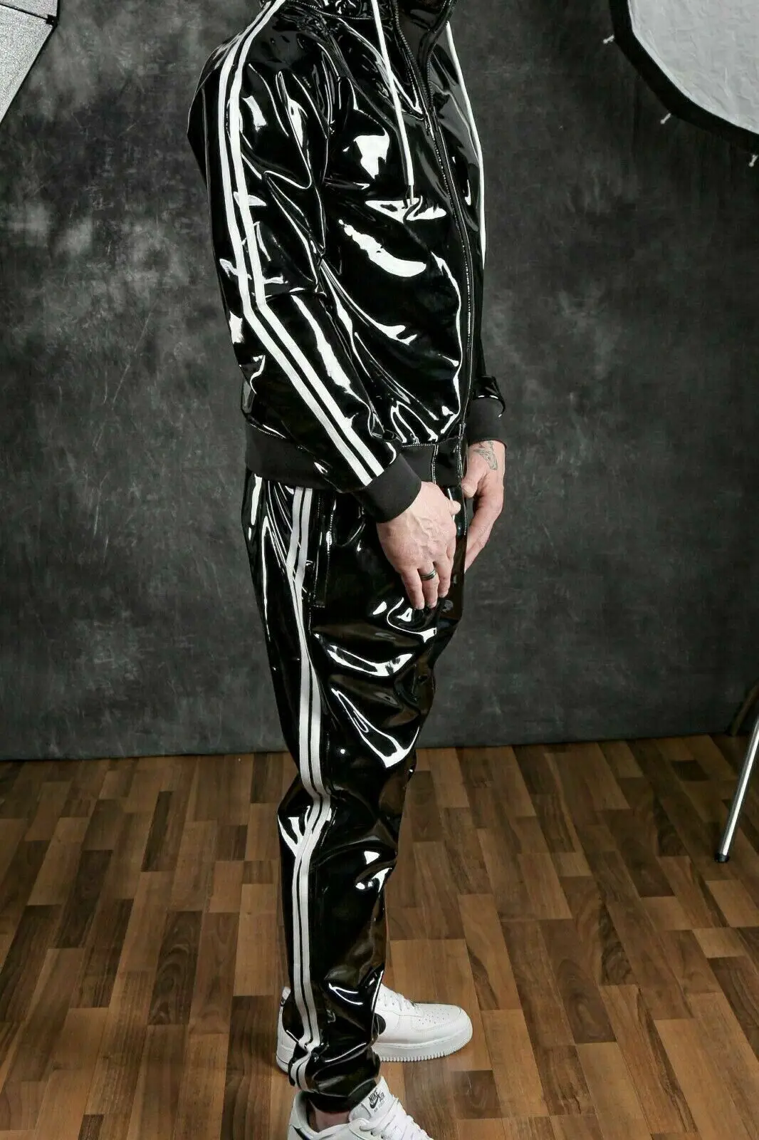 Men's PU Leather Tracksuit Jogging Coat Jacket Trousers Pants Sports Hoodie Set