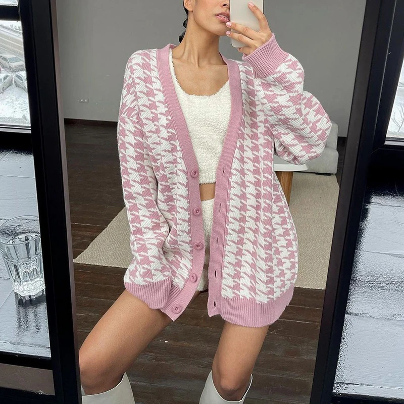 

SYJ V Neck Knitted Cardigans Sweater Pink Houndstooth Cardigan 2021 Long Sleeve Sweater Fashion Autumn Oversized Jumper