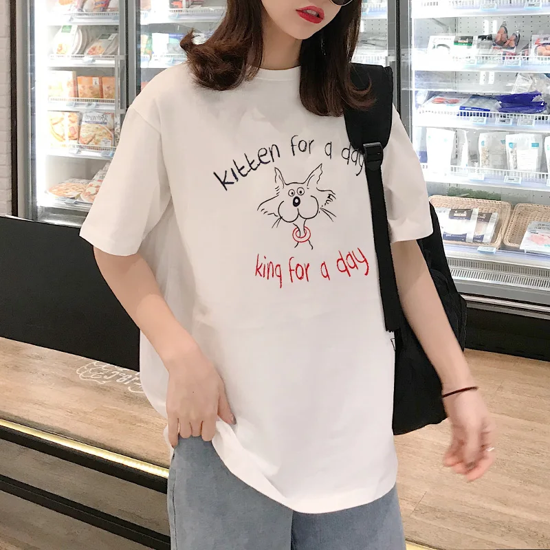 Женская свободная футболка из хлопка летние топы для студентов Корейская