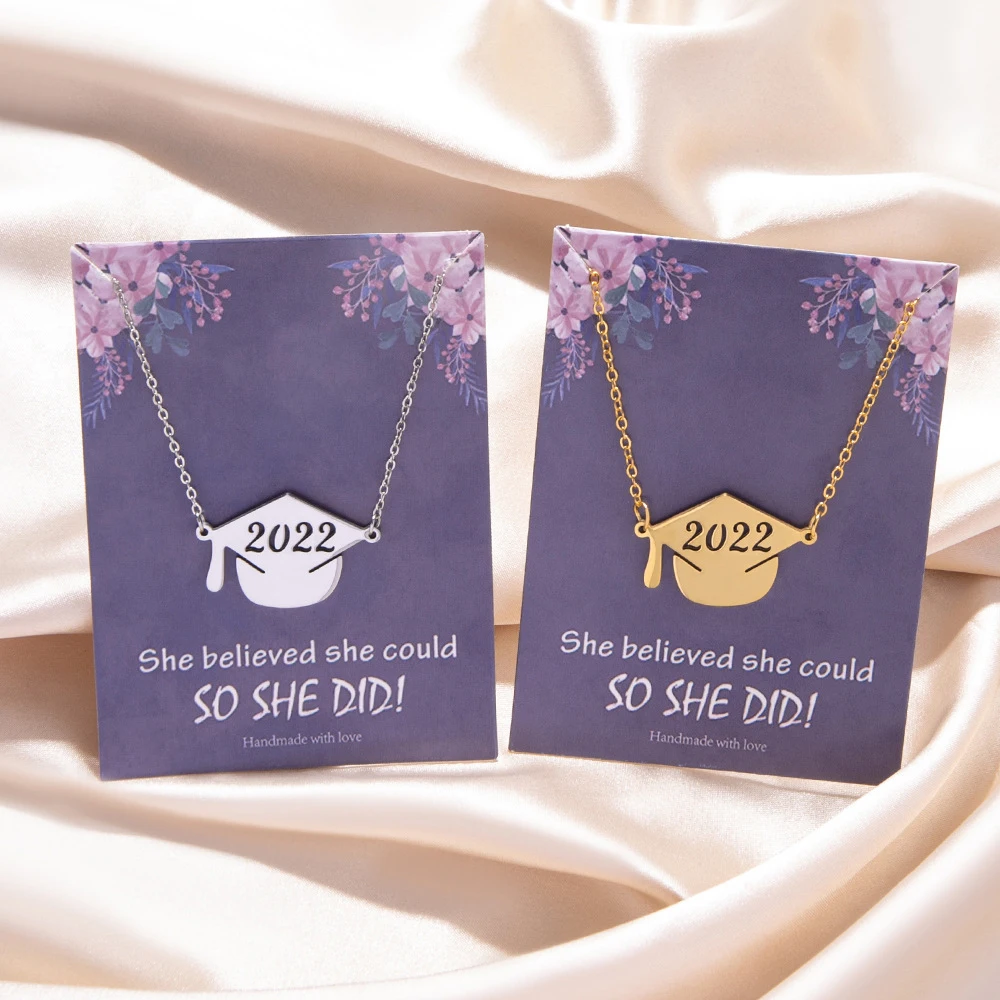 

Class of 2021 2022 Graduate Necklace Jewelry Gold Silver Color Stainless Steel Graduation Hat Pendant Necklaces With Card Gifts
