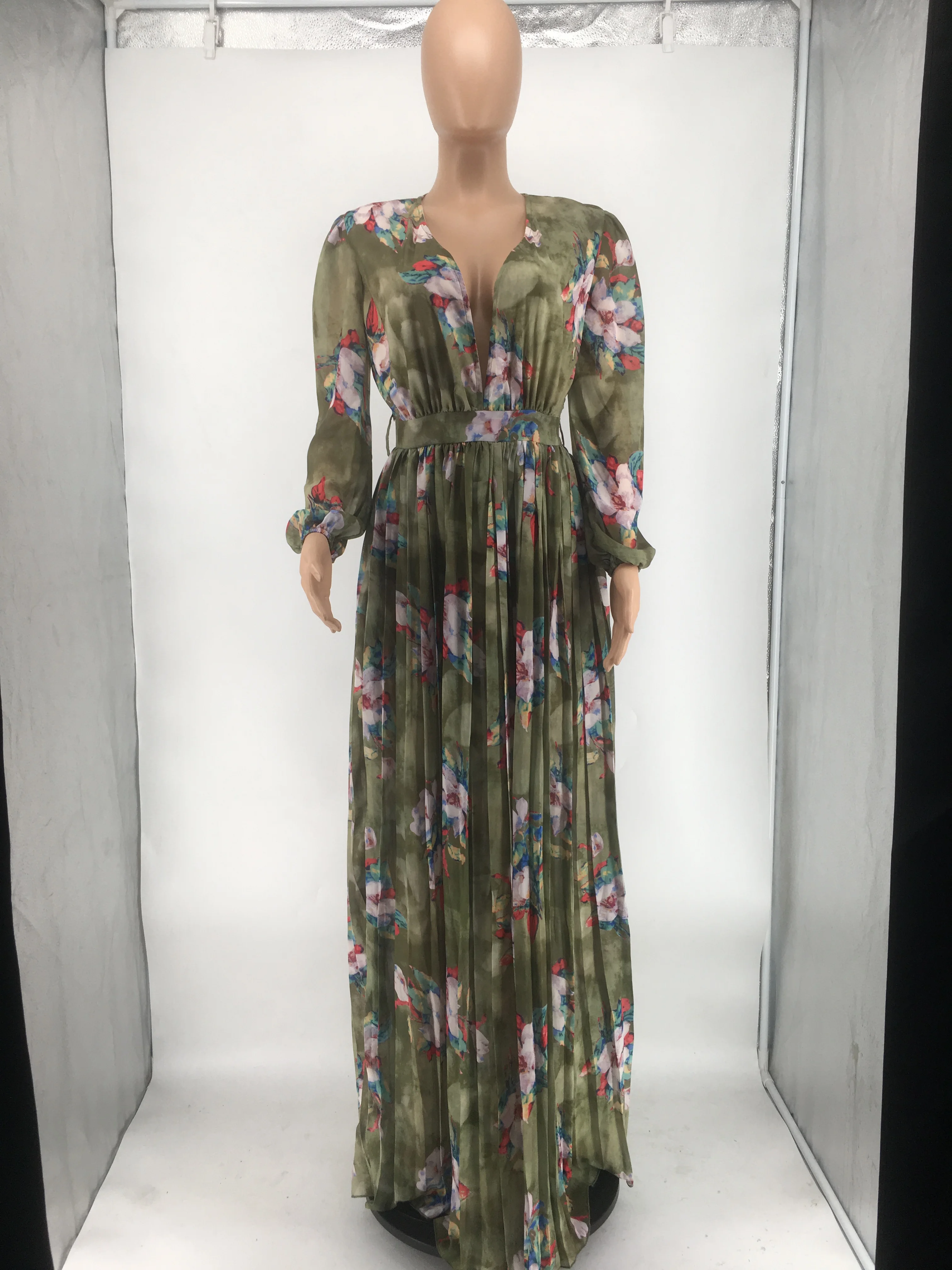 

Echoine Autumn V-neck Lantern Sleeve Floral Print Elegant Long Maxi Dress with Belt Ladies Sundress Boho Vintage Vestidos