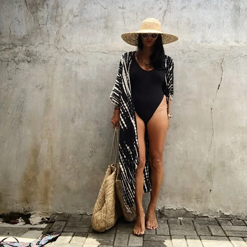 Summer Beach Dress Black White Joe Green Women Tie-Dye Type Cardigan Vacation Skirt Bikini Cover-Up Outer Sunscreen Costume Sexy