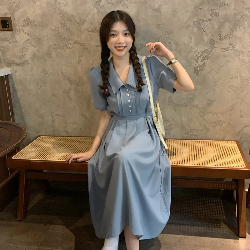 

Korean Chic Summer Women A-Line Long Dress Turn-Down Collar Black Blue Solid Sashes Dress Elegant Short Sleeve Feminine Vestidos