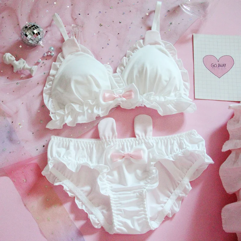 

Super Cute Rabbit Ears Japanese Style Bra & Panties Set Wirefree Soft Underwear Sleep Intimates Set Sweet Kawaii Lolita Lingerie