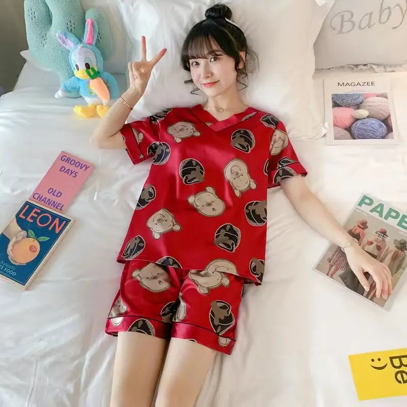 

Women's Pajamas Ice Silk Pajamas Women Summer Short-sleeved V-neck Silk Cartoon Home Service Women Sleepwear