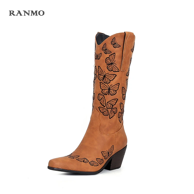 

2021 Autumn Europe and The United States Retro Thick with Pointed Embroidery West Knight Boots Embroidery Boots Women's Boots