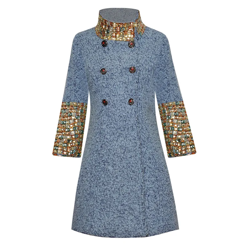 Блестящее синее махровое шерстяное платье стразы с шипами высоким воротником и