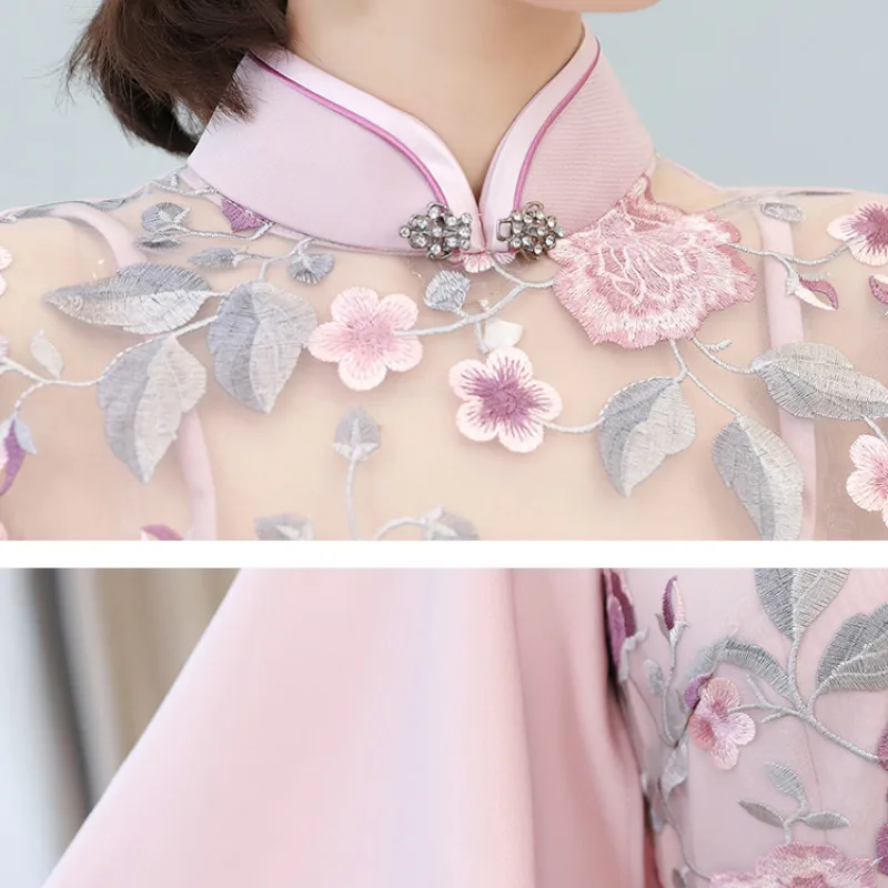 

New Year 2021 Fashion Pink Embroidery Elegant Slim Party Dinner Cheongsam Dress Women Qipao Traditional Chinese Clothes CNY