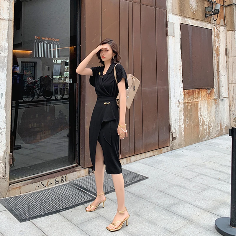 

Elegant black wrap dress summer 2020 new short sleeve v neck pin korean style slim party dresses OL wear runway fahsion