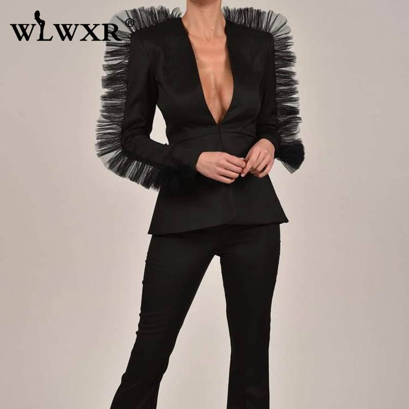 WLWXR Ruffls Белый Черный Женский комплект 2 шт. костюм с v образным вырезом сетка