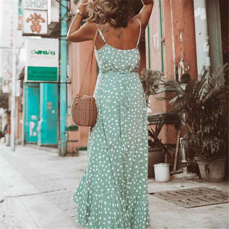 Женское платье в горошек длинное пляжное вечернее макси стиле бохо с v-образным
