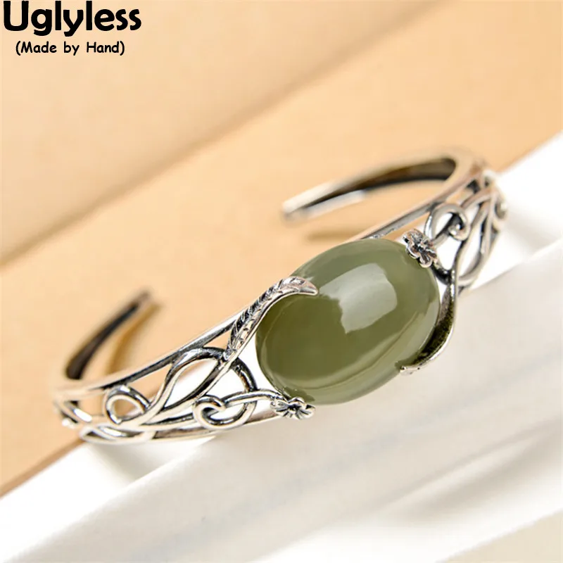 

Uglyless Hollow Wide Vines Bangles for Women Nature Jade Gemstones Bangles Real 925 Sterling Silver Ethnic Vintage Jewelry Retro