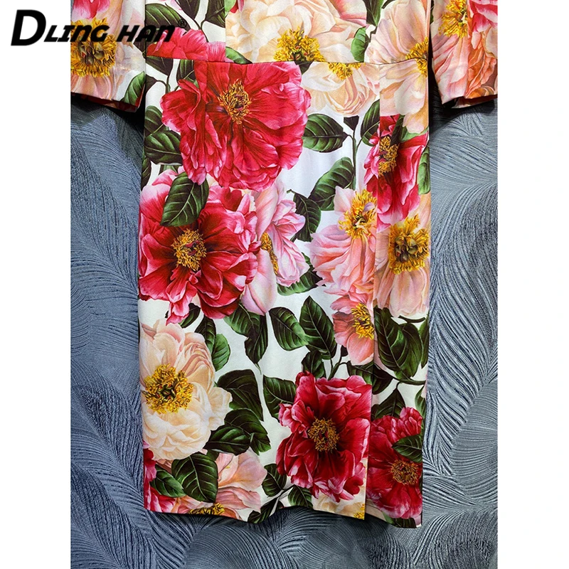 

DLINGHAN Fashion Floral Print Summer Pencil Dress Women's V-neck Package Buttocks Dresses Designer New