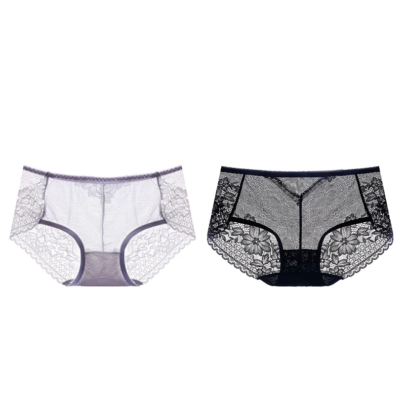 grey black Meizimei, сексуальные цветочные женские штаны, кружевное белье, Ультра тонкое, короткие, хлопковые, прозрачные, размера плюс, трусики, нижнее белье, 2 шт, M, L, XL Размер - Цвет: grey black