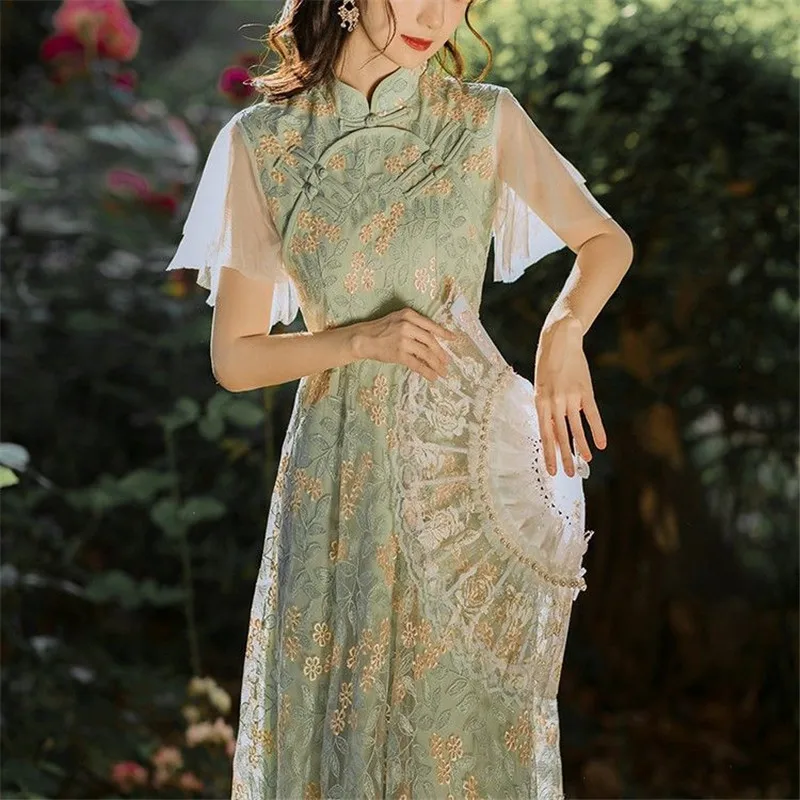 

Chinese Style Traditional Women's Dress Qipao Cheongsam Short Sleeve High Waist Vintage Embroidery Ladies Party Dress Streetwear