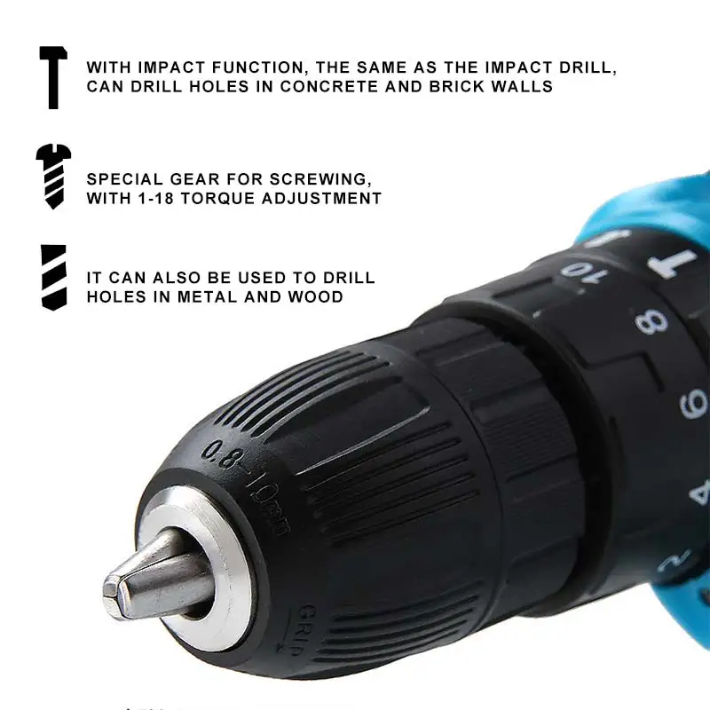 

21V Electric Impact Cordless Drill High-power Lithium Battery Wireless Rechargeable Hand Drills Home DIY Electric Power Tools