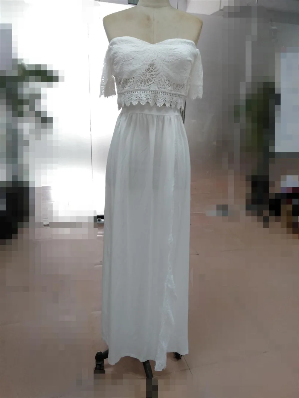 

2 Two Piece Lace Bikini Cover Up Beach Dress Women Summer pareo Long Skirt Off Shoulder Crop Top Coverup Tunic Beachwear White