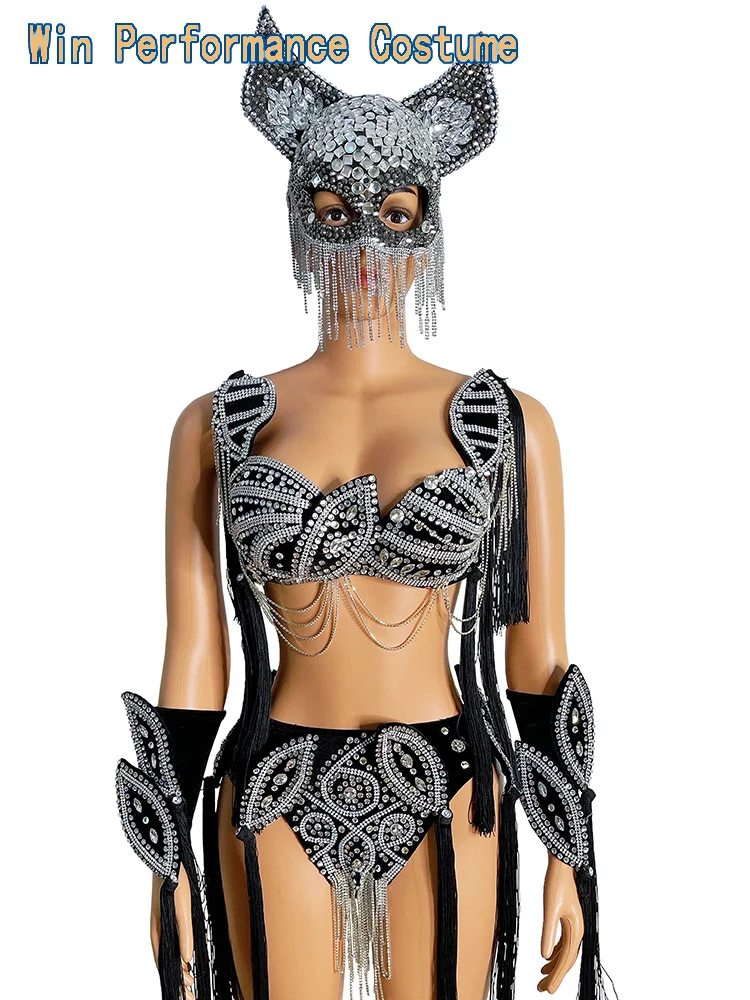 

Rave Outfit Festival Clothing Costume Bikini Big rhinstone Pearls Chain HeadGear stage clothing Accessries