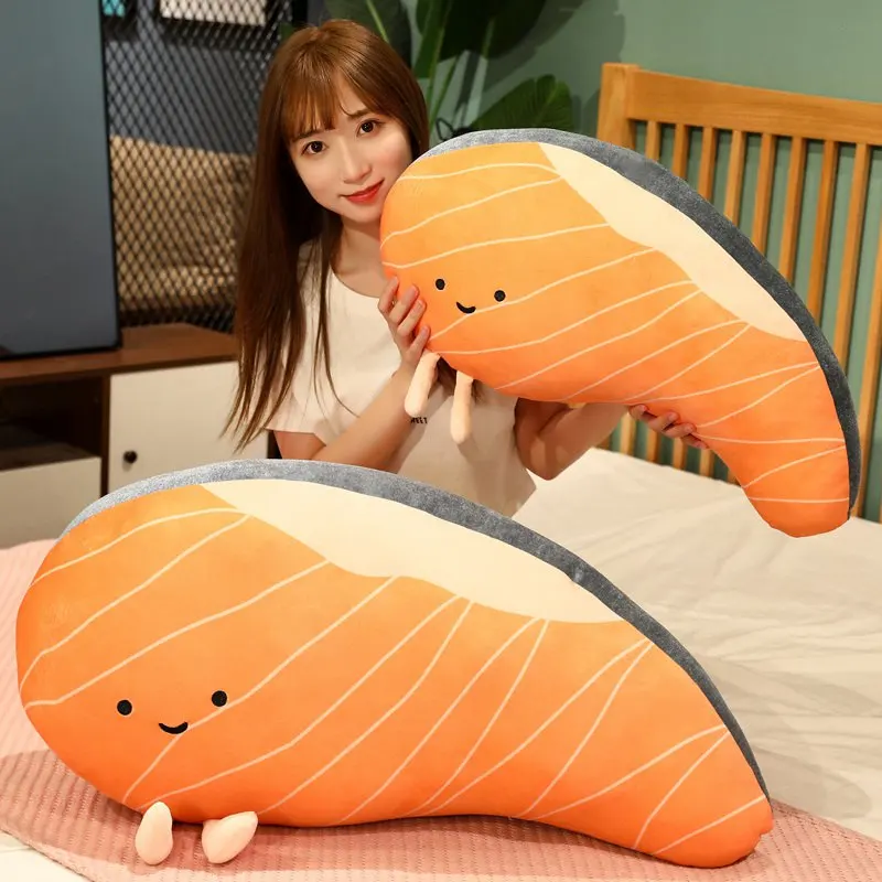 Funny Salmon Fillet Plush Pillow Toy Japanese Set Meal Soft Stuffed Cartoon Food Cushion Doll Sofa Decor Xmas Gift For Girls