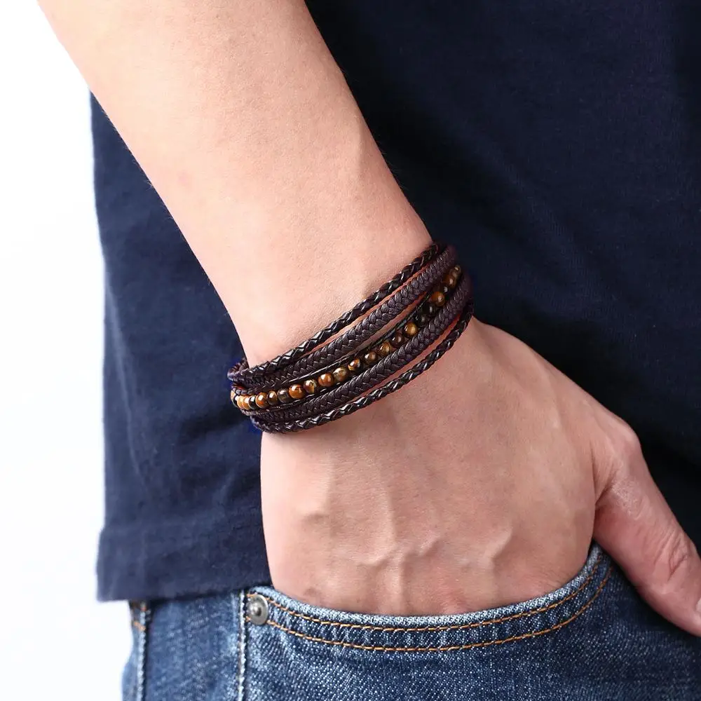 Плетеный многослойный браслет из натуральной кожи для мужчин и женщин|Гибкие
