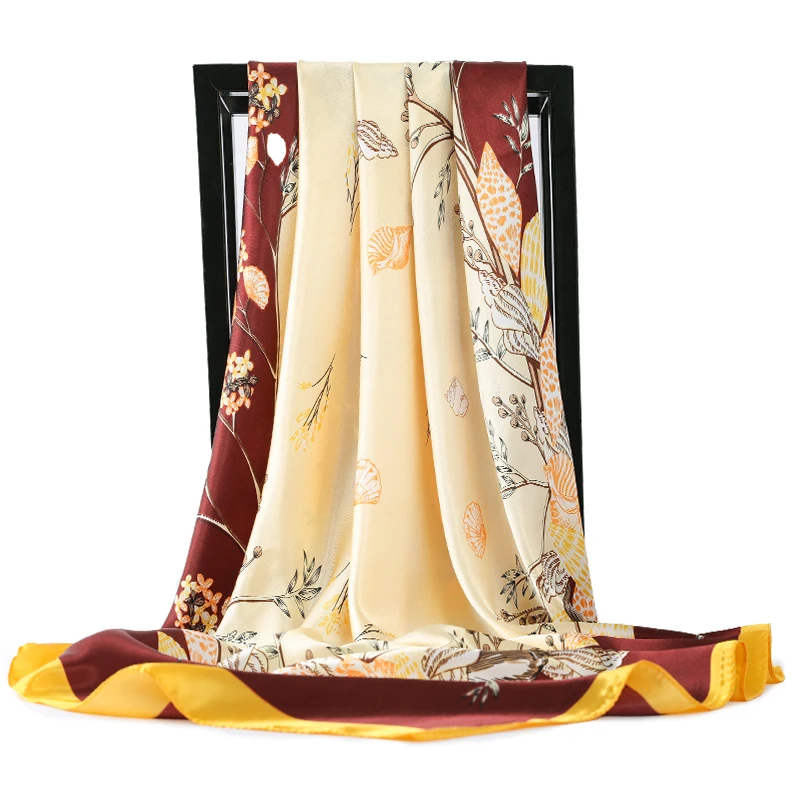 

Шейные платки для дам весна модный, Шелковый, сатиновый хиджаб шарф для женщин Цветочный принт Kercheif головы шарфы 90*90 см квадратный шали